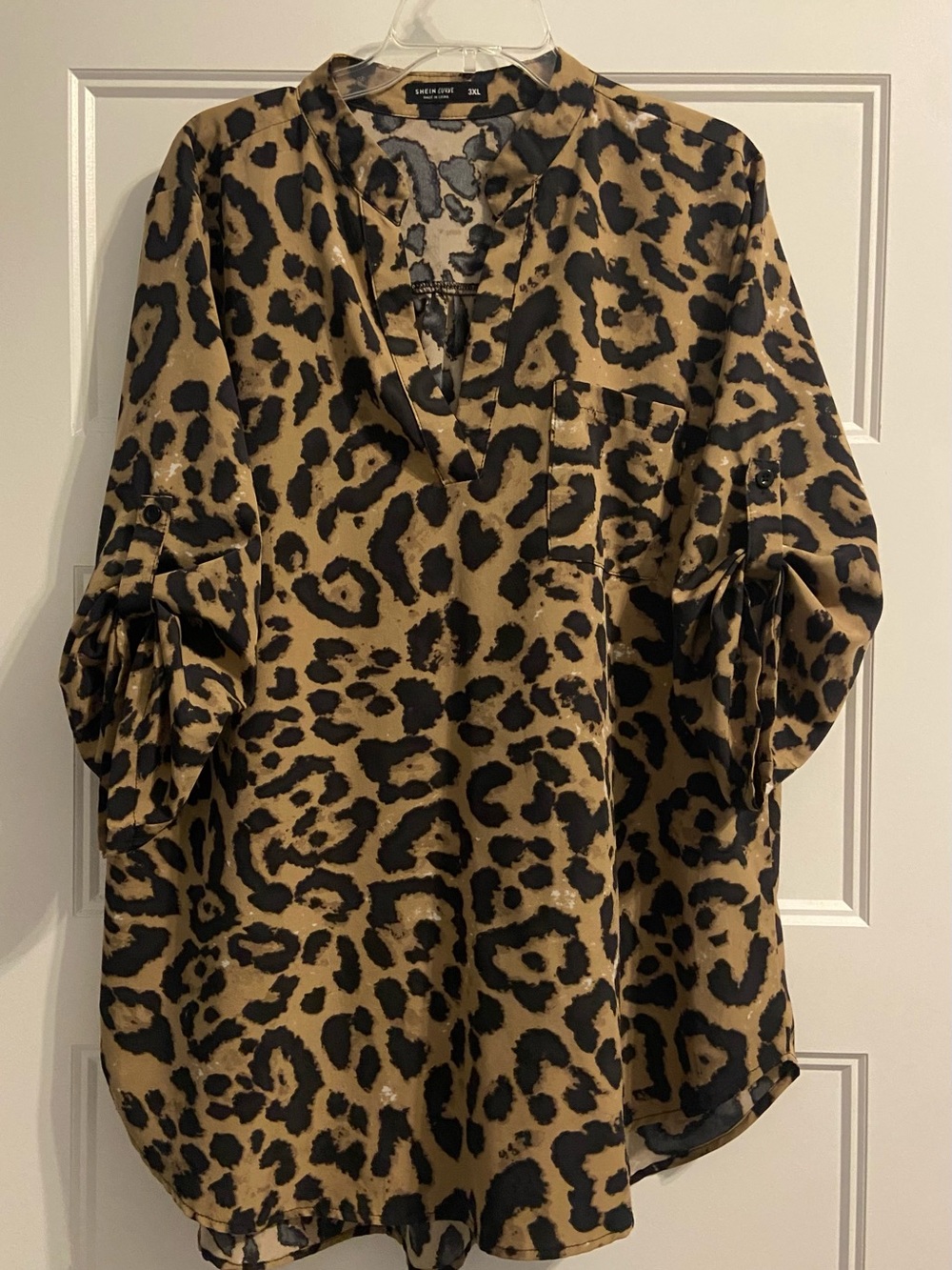 Leopard Print V-Neck Tunic Blouse - Black & Tan
